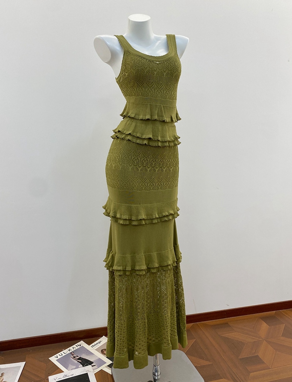 🟢Sandro Olive Green Tiered Ruffle Knit Midi Dress Sleeveless Lace - Picture 12 of 12